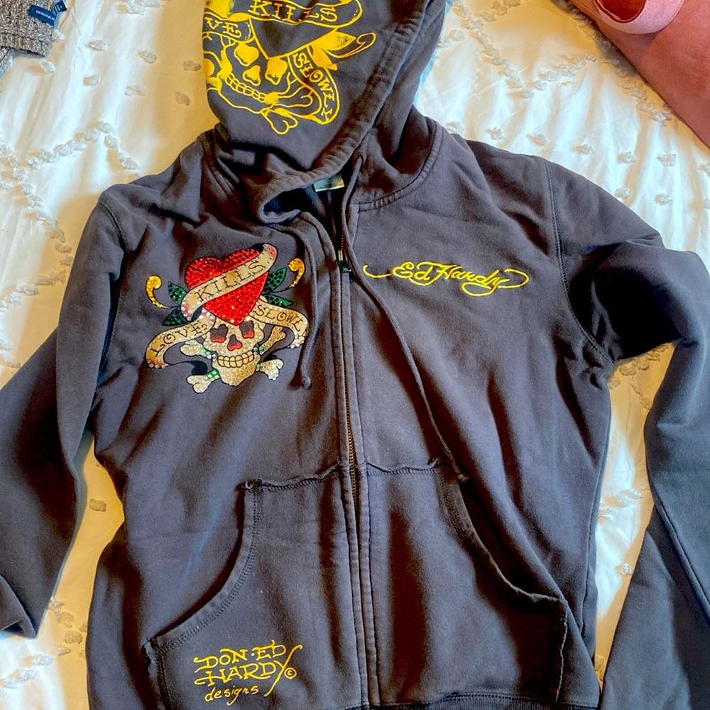 Women vintage Ed Hardy zipper sweater with rhinestones